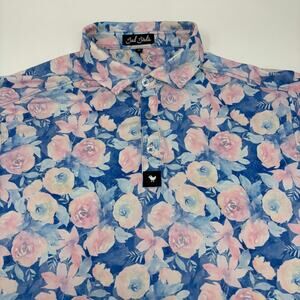 Bad Birdie Mens Medium Blue Pink Floral Pattern Short Sleeve Golf Polo Shirt